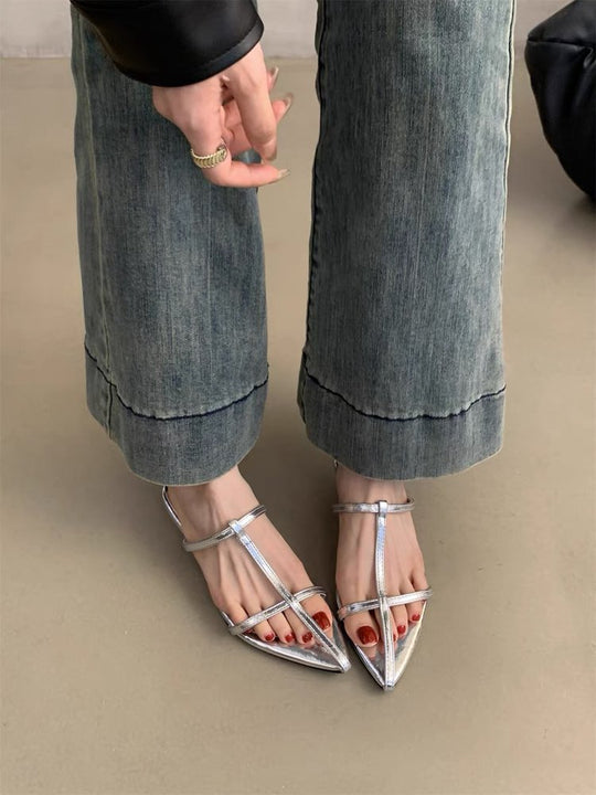 Damen elegante Slipper mit verstellbaren Riemen und spitzem Design EB