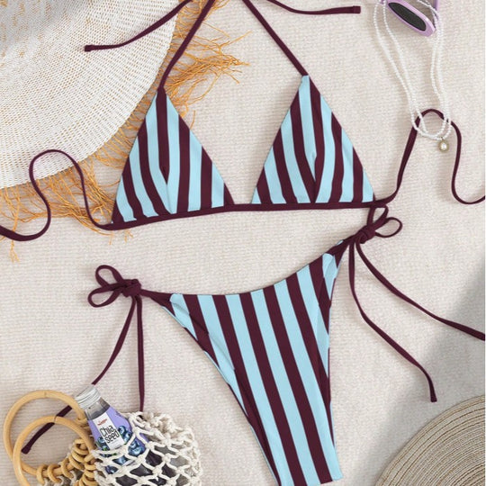 Damen Triangel-Bikini mit verstellbarem Bindeband und modischem Streifenmuster EB