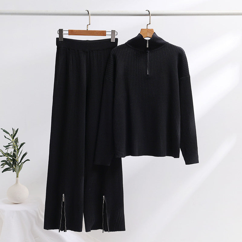 Damen lässiges Strickensemble mit hohem Kragen und seitlichen Schlitzen EB