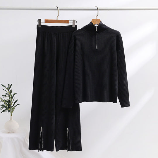 Damen lässiges Strickensemble mit hohem Kragen und seitlichen Schlitzen EB