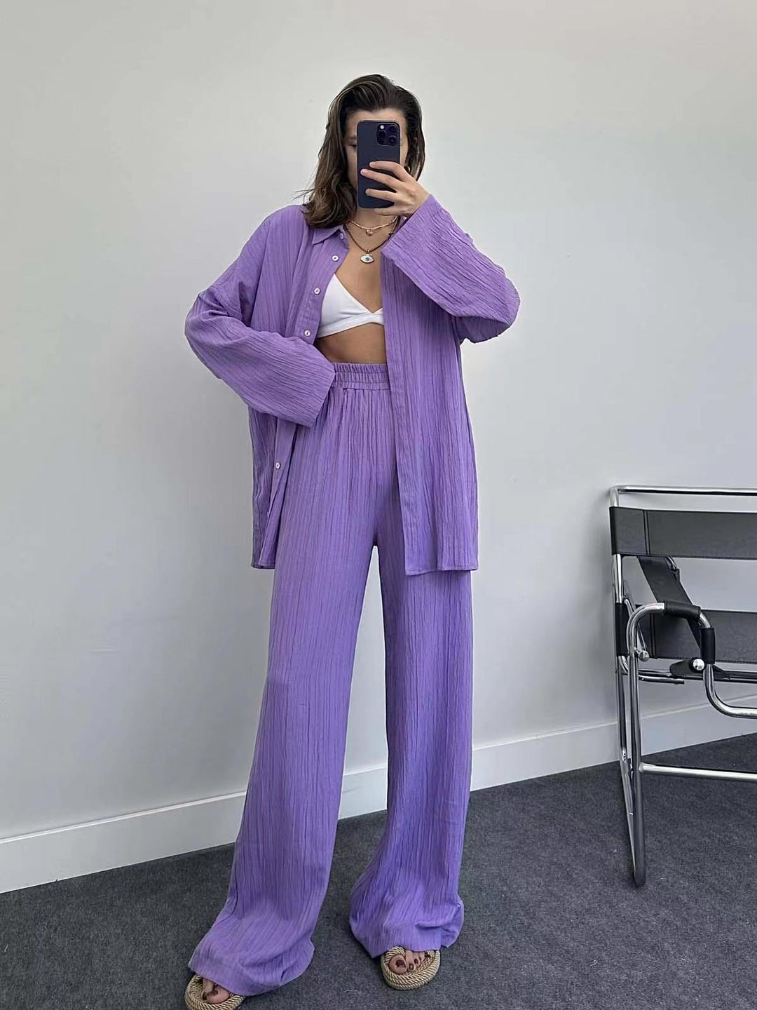 Damen lässiges Übergrößen-Hemd und lockere Hose Set EB