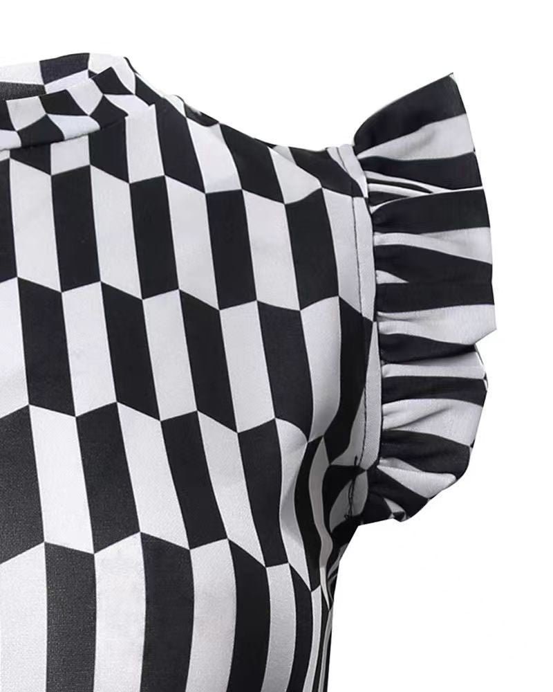 Damen figurbetontes Kleid mit Rüschendetails und geometrischem Muster EB