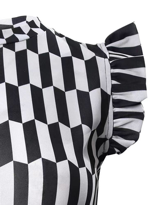 Damen Figurbetontes Kleid mit Rüschendetails und geometrischem Muster EB
