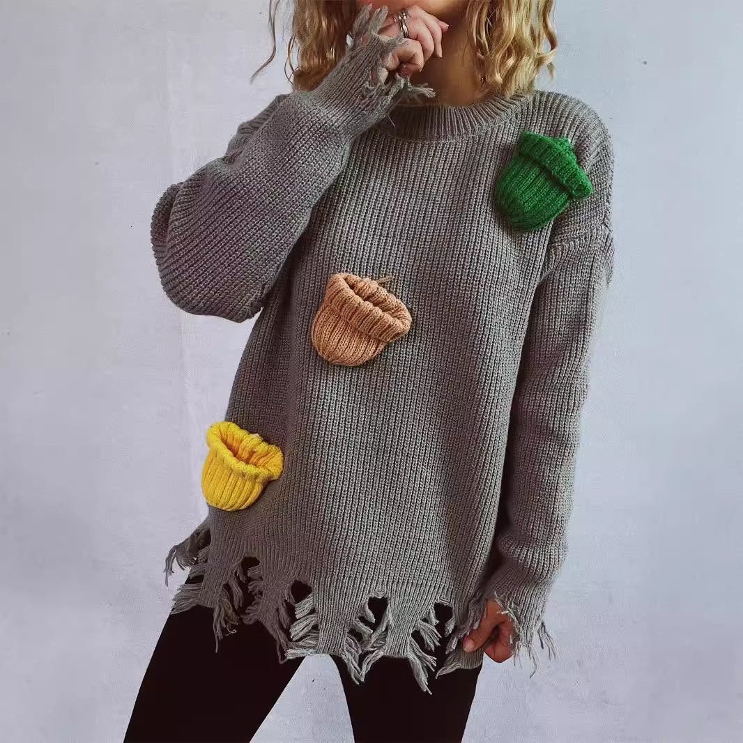 Damen lässiger Oversize-Pullover mit fransigen Details und bunten Applikationen EB