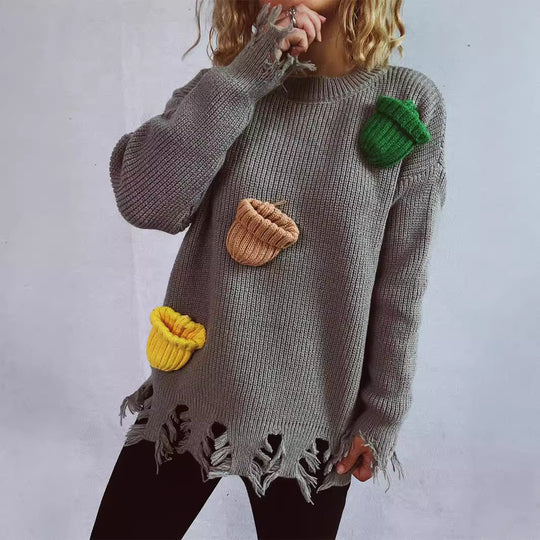 Damen lässiger Oversize-Pullover mit fransigen Details und bunten Applikationen EB