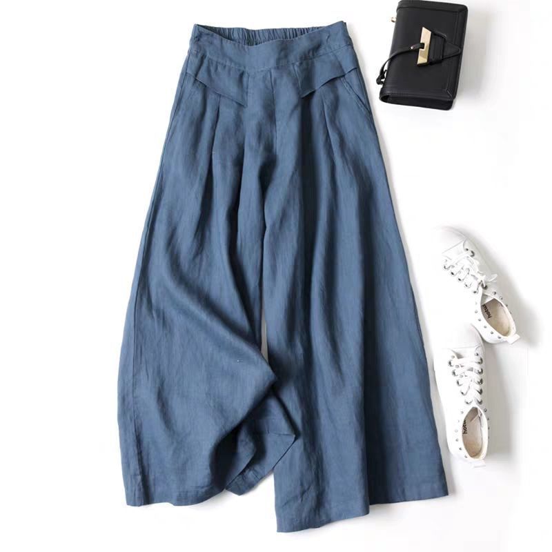 Damen Weit geschnittene Leinenhose mit hohem Bund und eleganten Falten EB