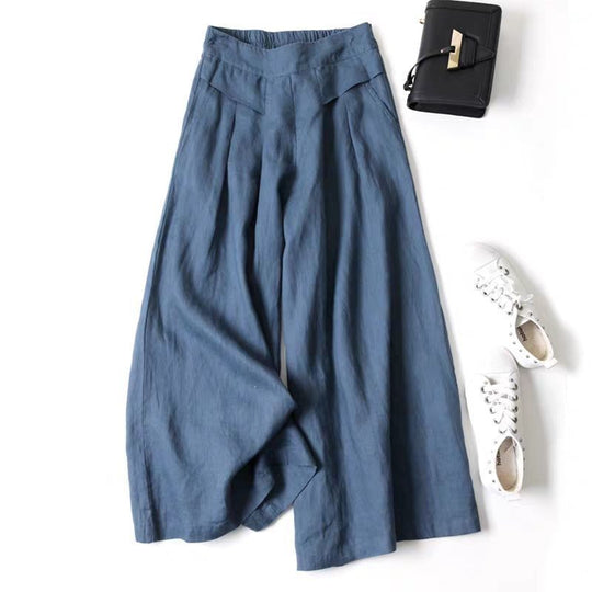 Damen Weit geschnittene Leinenhose mit hohem Bund und eleganten Falten EB