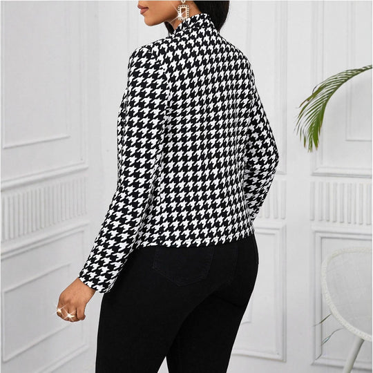 Damen elegante Blazerjacke mit Hahnentrittmuster und tailliertem Schnitt EB