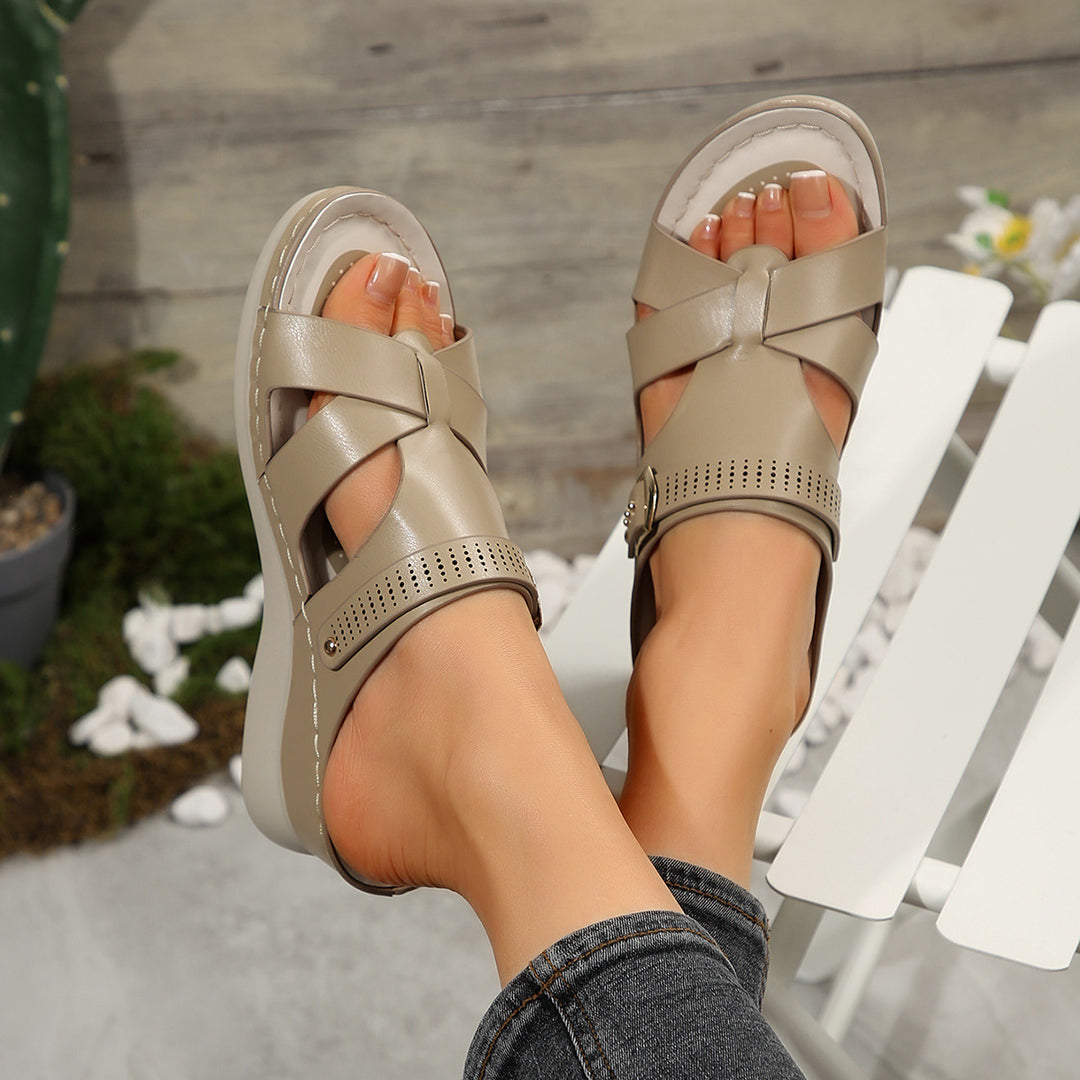 Damen Komfortable Wedge-Pantoletten mit verstellbarem Riemen EB