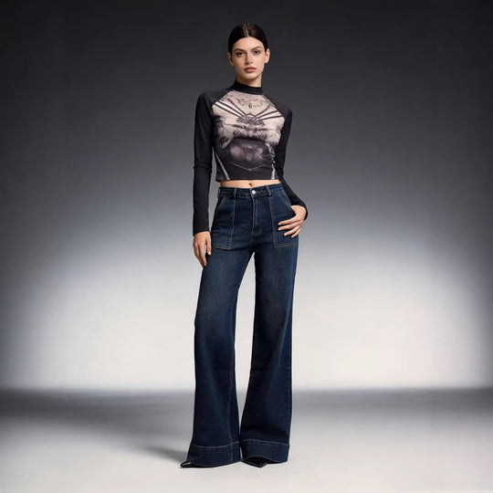 Damen High-Waist Weitbeinerhosen mit angesagtem Aufnäher EB