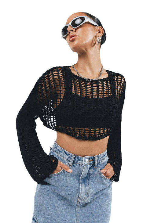Damen luftige gehäkelte Strickjacke mit weiten Ärmeln EB
