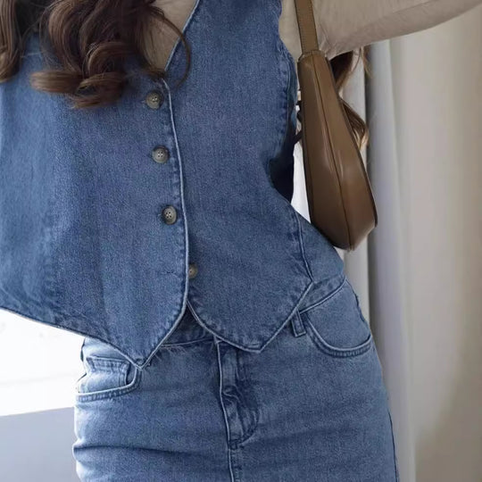 Damen elegante Jeansweste mit Knopfleiste und V-Ausschnitt EB