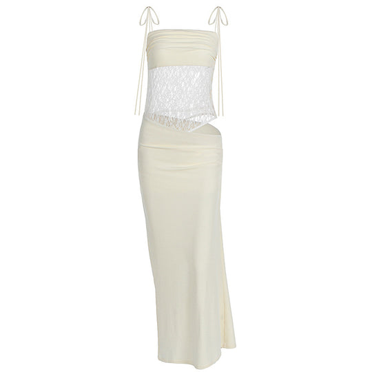 Damen elegantes Wickelmaxikleid mit transparenten Einsätzen und feinen Details EB