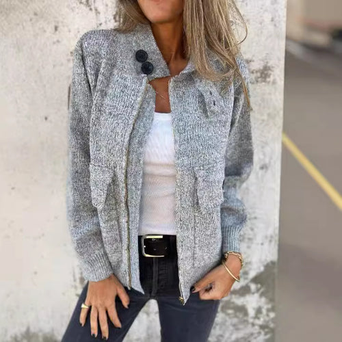Damen weiche Strickjacke mit wärmeisolierendem Kragen und aufgesetzten Taschen EB