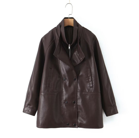 Damen Kunstlederjacke mit breitem Revers und praktischen Taschen EB