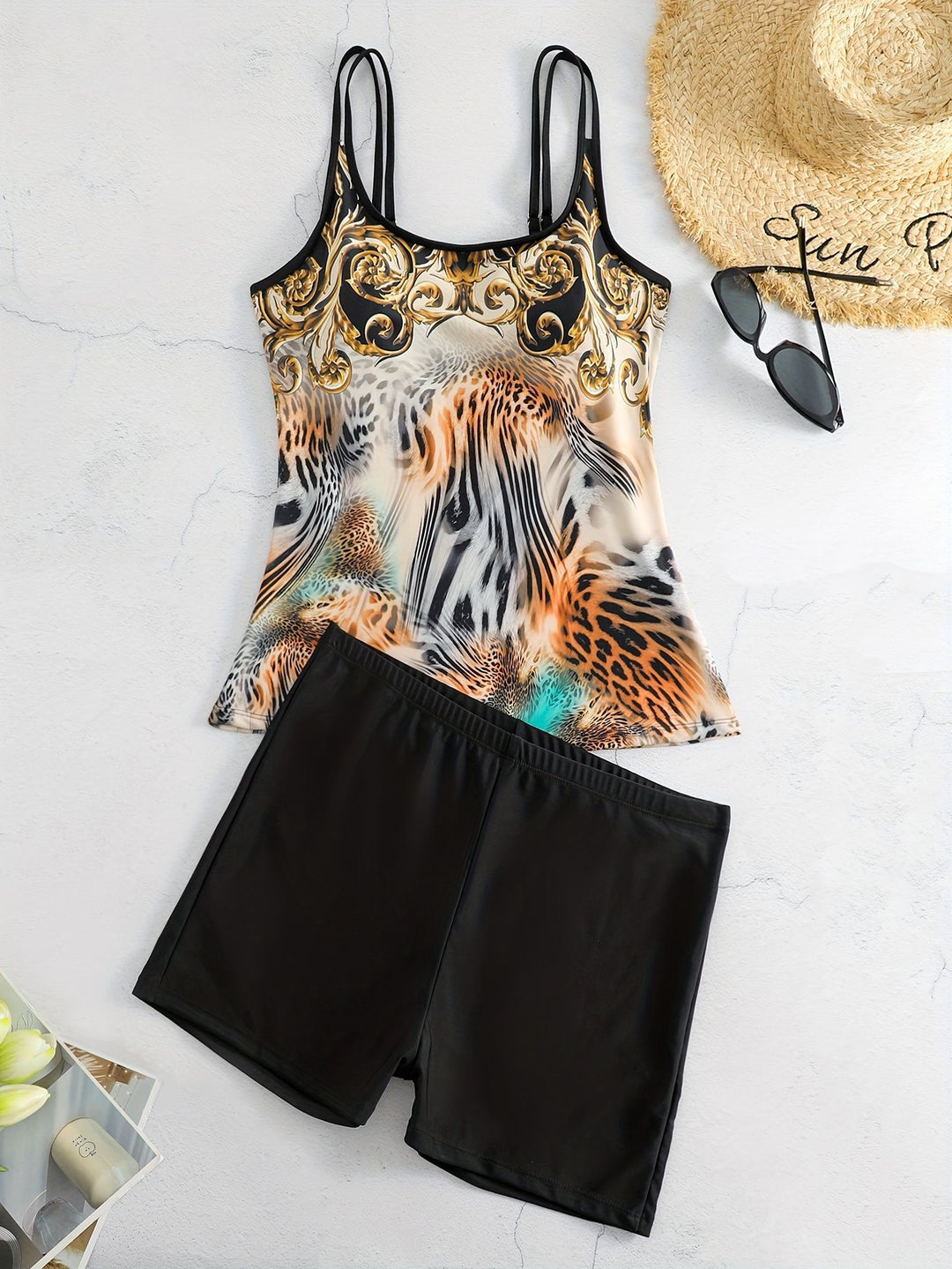 Damen Sportliches Tankini-Set mit modischem Animal-Print und Boxershorts EB