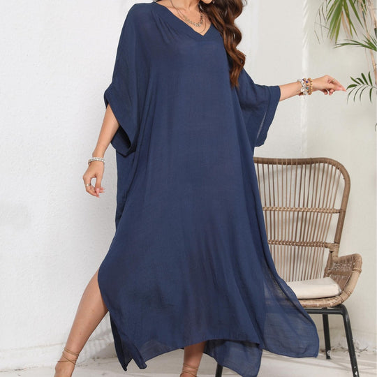 Damen luftiges Sommer-Kleid mit V-Ausschnitt und asymmetrischem Saum EB