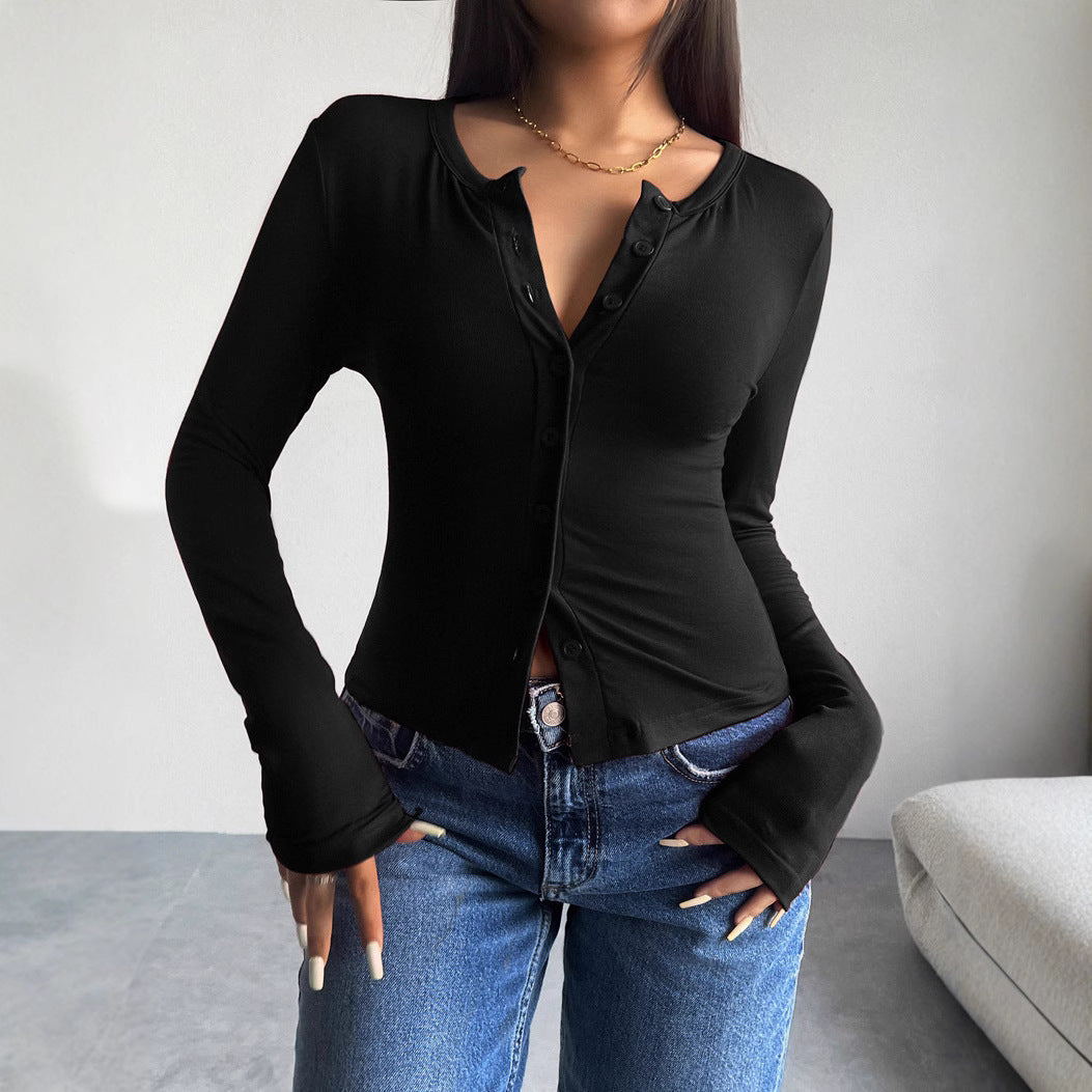 Damen Langarmshirt mit modischer Knopfleiste und figurschmeichelndem Schnitt EB