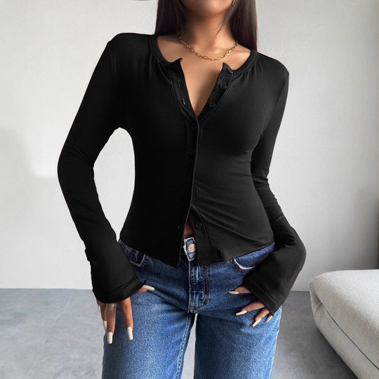 Damen Langarmshirt mit modischer Knopfleiste und figurschmeichelndem Schnitt EB