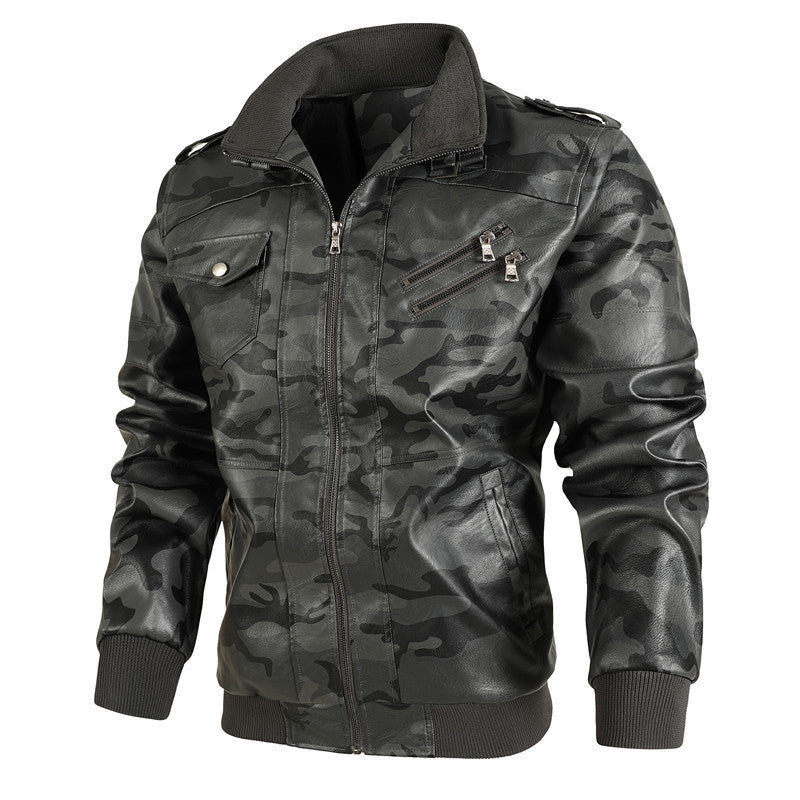 Herren Camouflage Kunstleder-Bomberjacke mit Reißverschluss-Brusttaschen und Rippbündchen EB