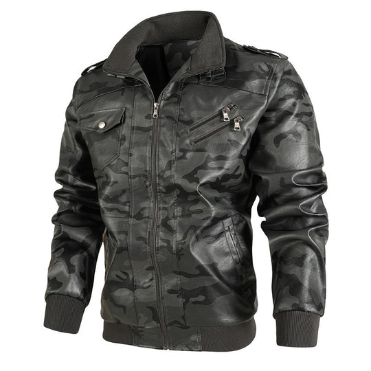 Herren Camouflage Kunstleder-Bomberjacke mit Reißverschluss-Brusttaschen und Rippbündchen EB