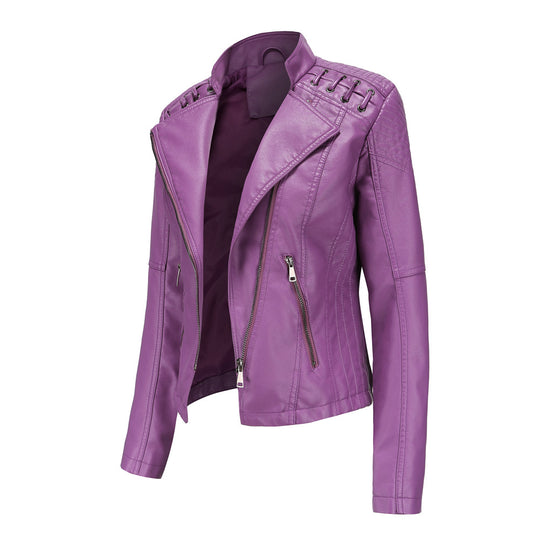 Damen nan taillierte Kunstleder-Bikerjacke mit gesteppter Schulterpartie, asymmetrischem Reißverschluss und Zierösen EB