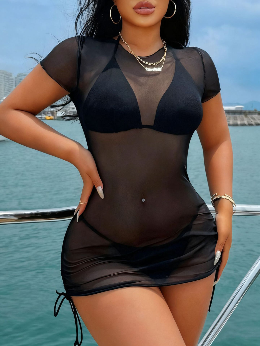 Damen transparenter Badedress mit kurzen Ärmeln EB