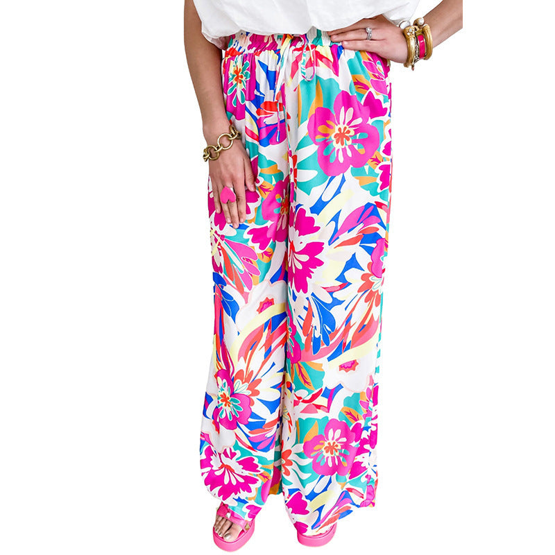 Damen weite Palazzo-Hose mit buntem Blumenmuster und elastischem Bund EB