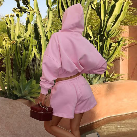 Damen nan kurzes Kapuzen-Hoodie und Drawstring-Shorts Lounge-Set mit durchgehendem Reißverschluss und taillenhohem Bindebund EB
