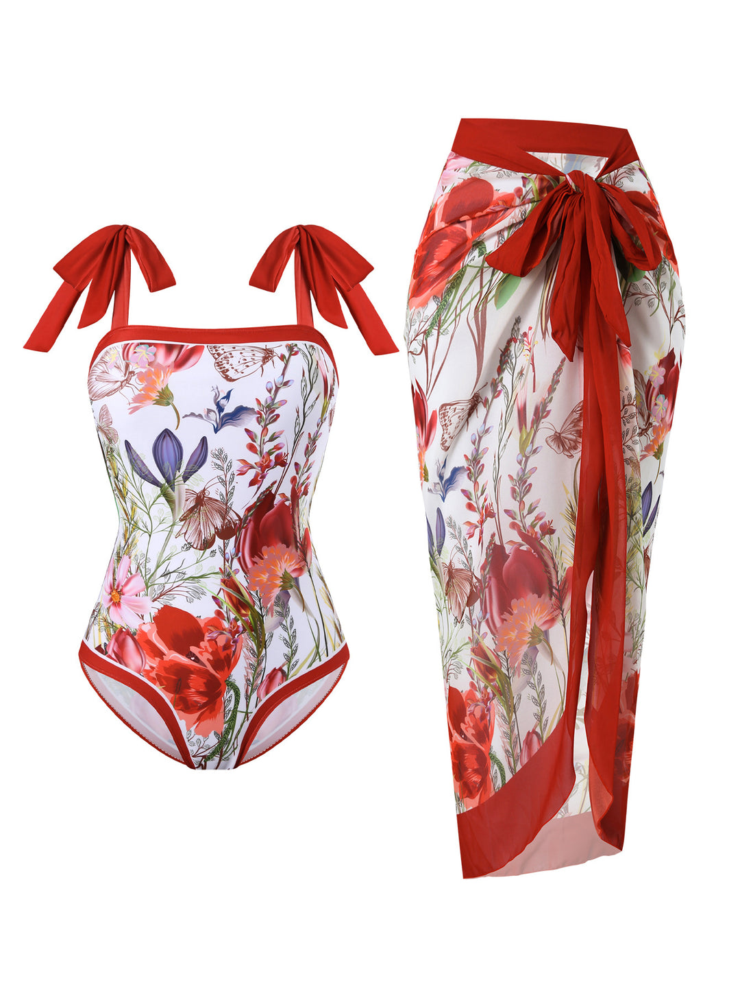 Damen Badeanzug mit floralem Design und transparentem Wickelrock EB