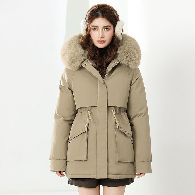 Damen Modische Winterjacke mit abnehmbarer Kapuze und hochwertigem Kunstfell EB