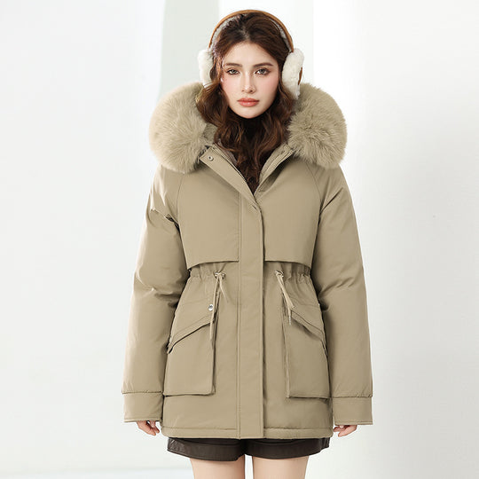 Damen Modische Winterjacke mit abnehmbarer Kapuze und hochwertigem Kunstfell EB