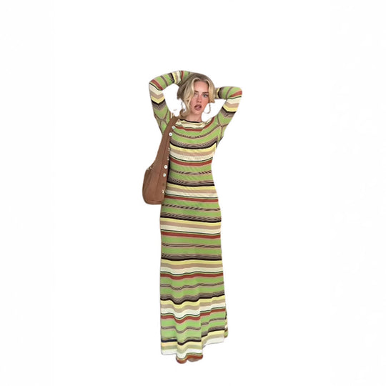 Damen Maxi-Kleid mit einzigartigem Streifenmuster und weitem Arm EB