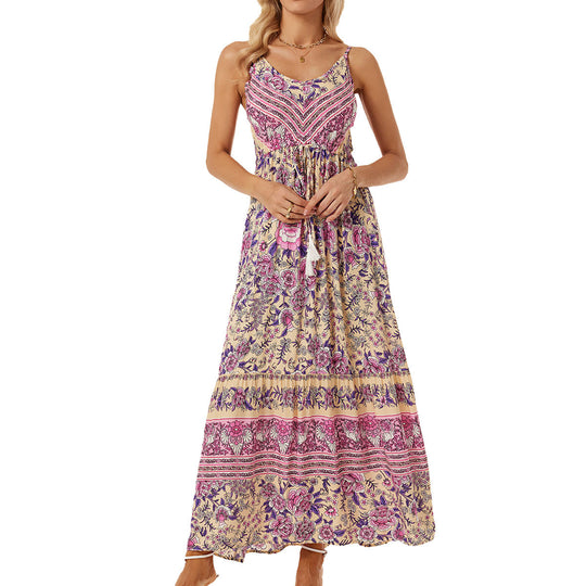 Damen Maxikleid im bohemian Stil mit verstellbarem Bund EB