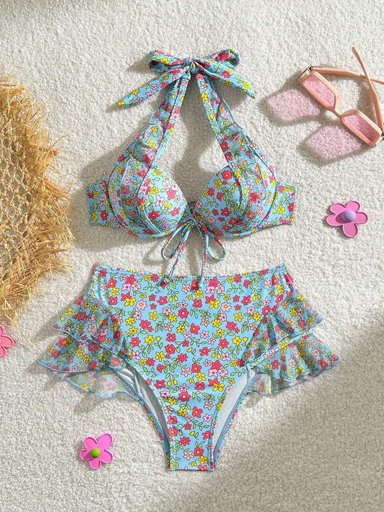 Damen Retro-Bikini-Set mit floralem Design und Rüschendetails EB