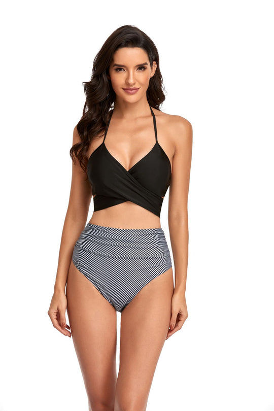 Damen Hochgeschnittener Bikini mit Wickeloberteil und floralen Mustern EB