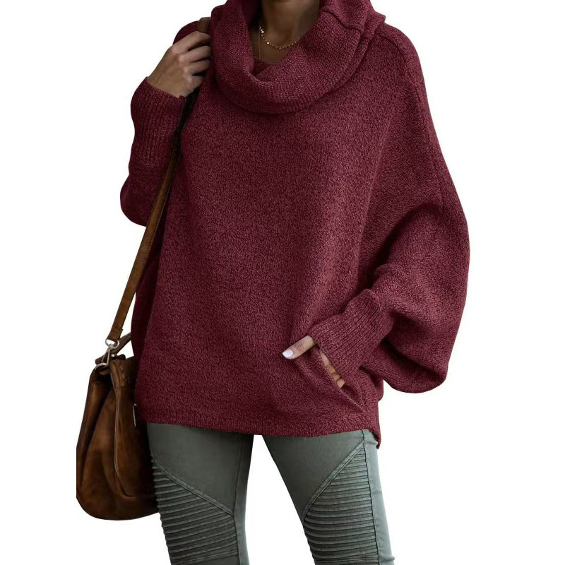 Damen lässiger Strickpullover mit weichem Stehkragen und weit geschnittenen Ärmeln EB