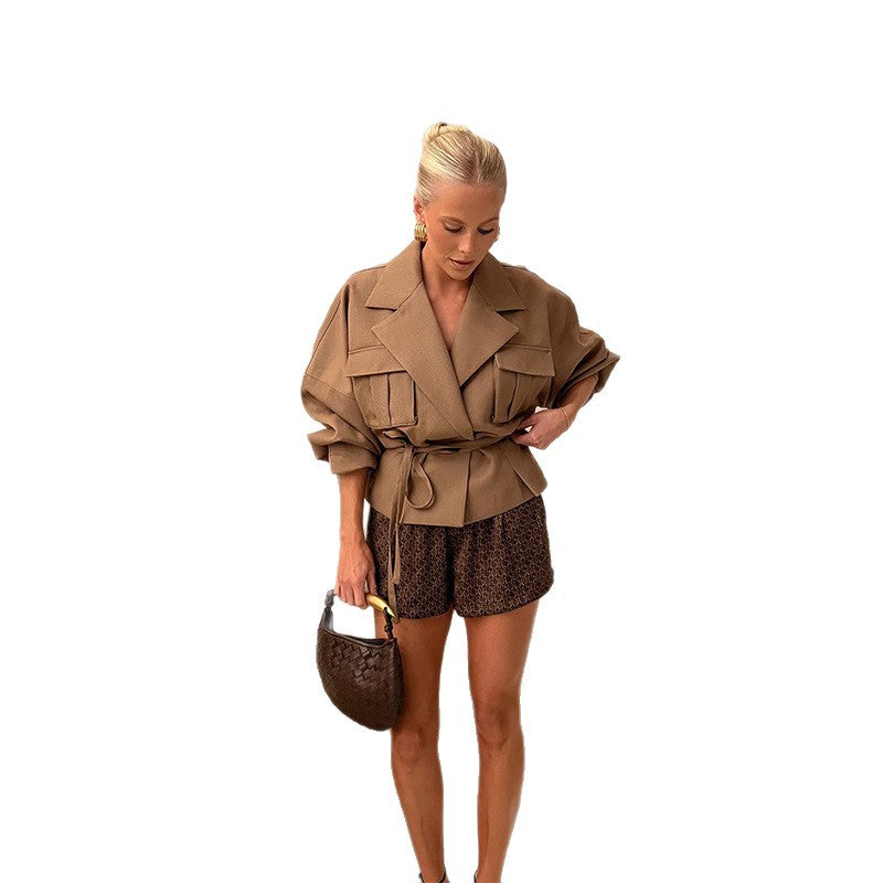 Damen Designer Blazerjacke mit Bindegürtel EB