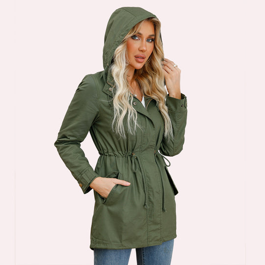 Damen nan leichter Parka mit Kapuze, Kordelzug und verdecktem Reißverschluss EB