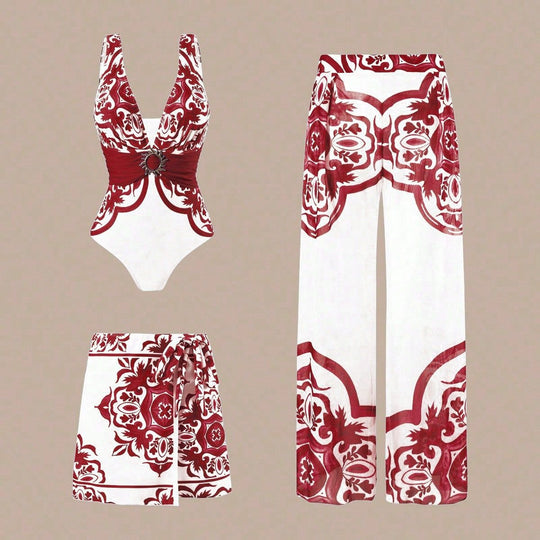 Damen Eleganter Badeanzug mit passendem Strandhosen-Set EB