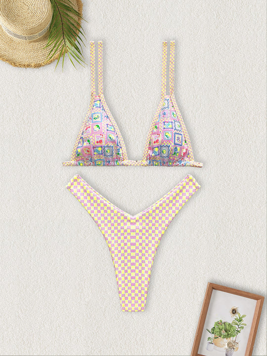Damen Triangel-Bikini mit buntem Patchwork-Muster EB