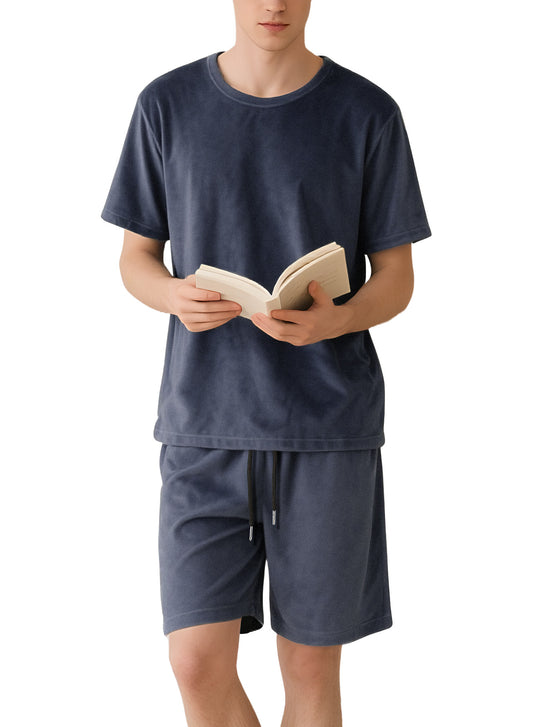 Herren nan Samtvelours Lounge-Set mit Rundhals-Kurzarmshirt und Kordelshorts EB