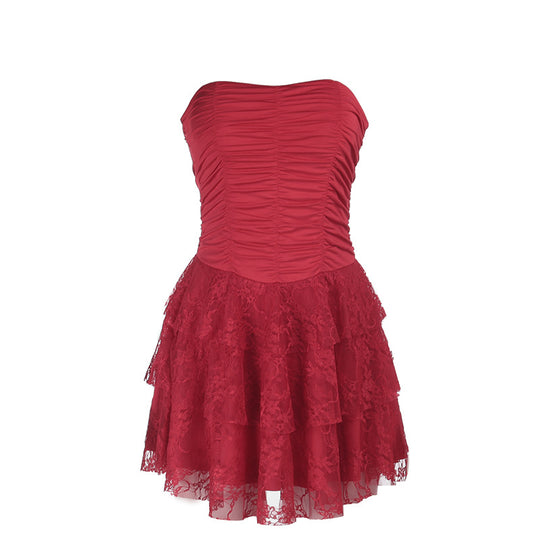 Damen schulterfreies Minikleid mit Rüschendetails und figurbetontem Oberteil EB