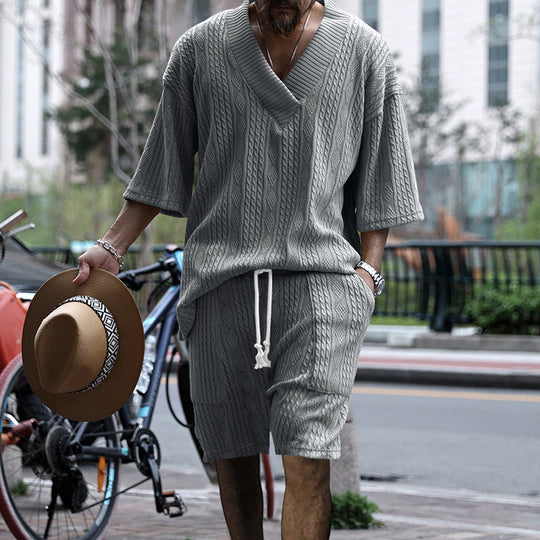 Herren nan lässiges Struktur-Strick-Set mit tiefem V-Ausschnitt kastigem Kurzarmpullover und Kordel-Shorts EB