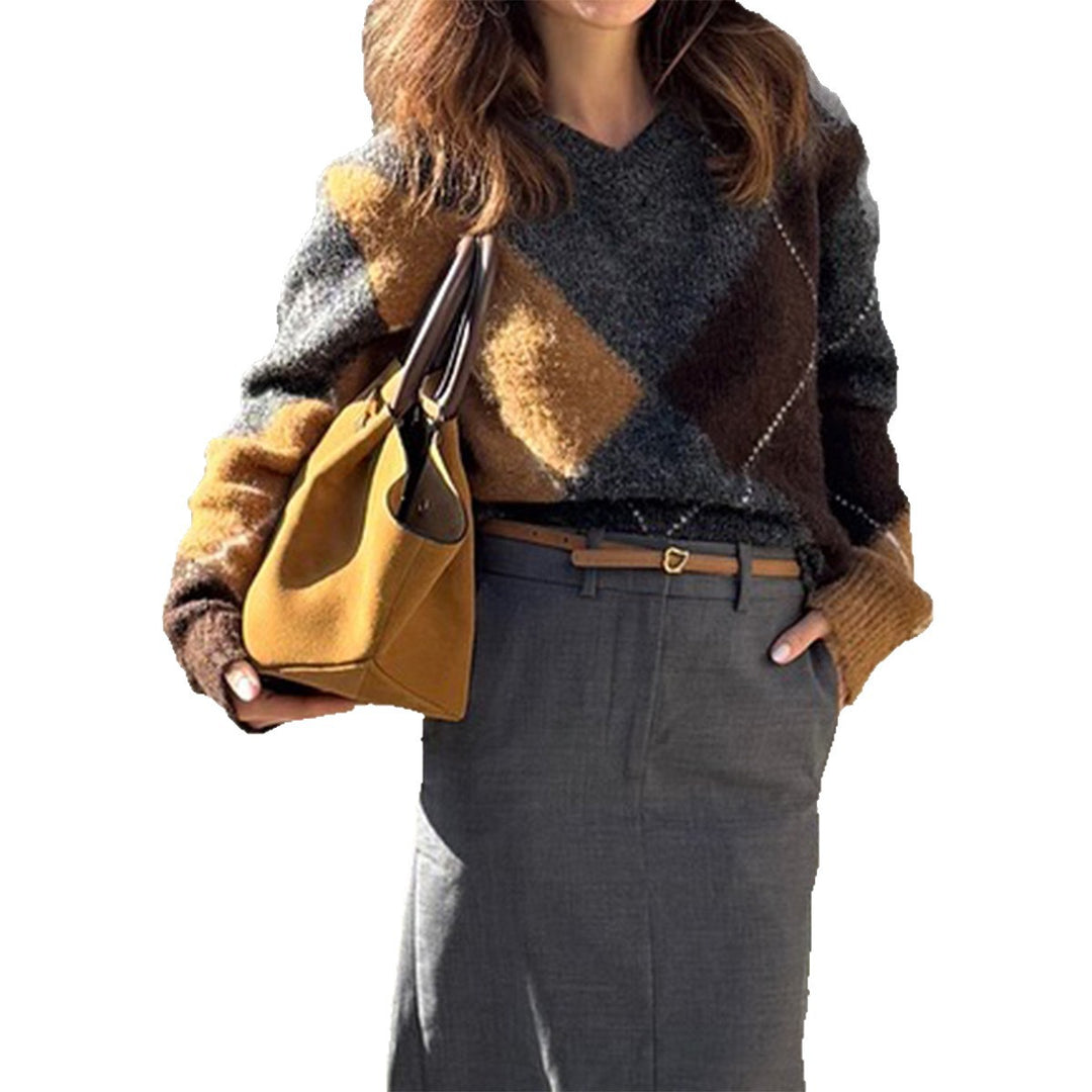 Damen nan oversized Argyle-Strickpullover mit kastigem Schnitt und geripptem Rundhalsausschnitt EB