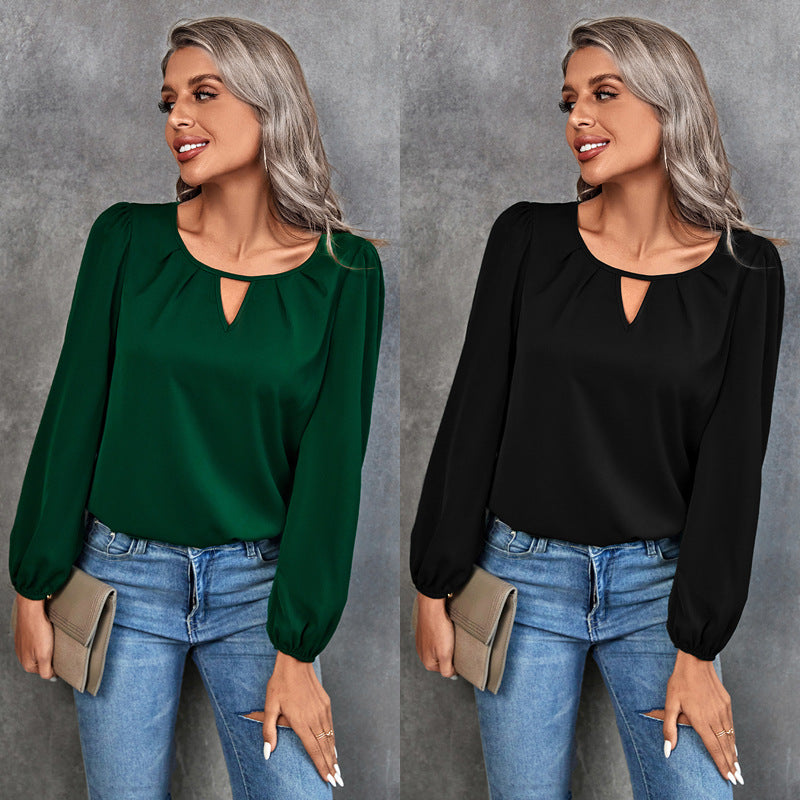 Damen Elegante Bluse mit leichtem V-Ausschnitt und Puffärmeln EB