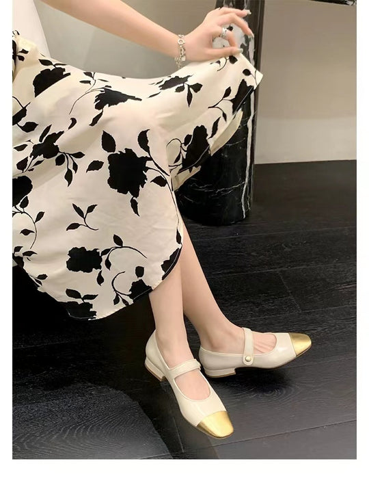 Damen Ballerinas mit elegantem Riemchen und goldener Zehenkappe EB