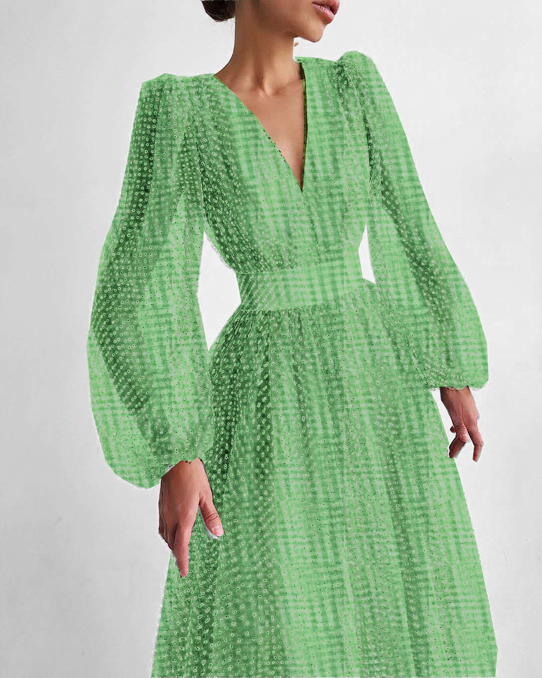Damen Kleid mit transparentem Puffärmel und floralem Punkte-Design EB