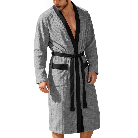 Herren nan wadenlanger Rippen-Bademantel im Kimono-Stil mit Schalkragen und Kontrastpaspel EB