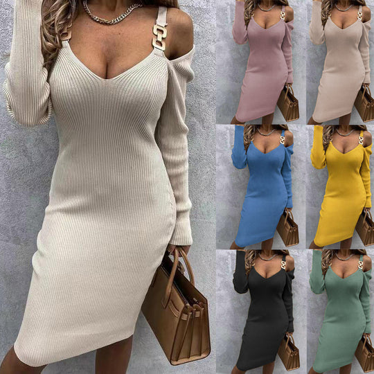 Damen figurbetontes Strickkleid mit schulterfreiem Design und raffinierten Trägerdetails EB